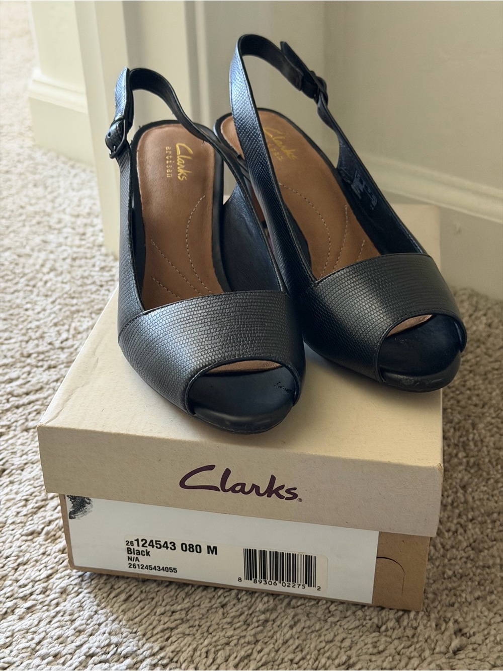 Clarks Black Textured Peep-Toe Slingback Heels